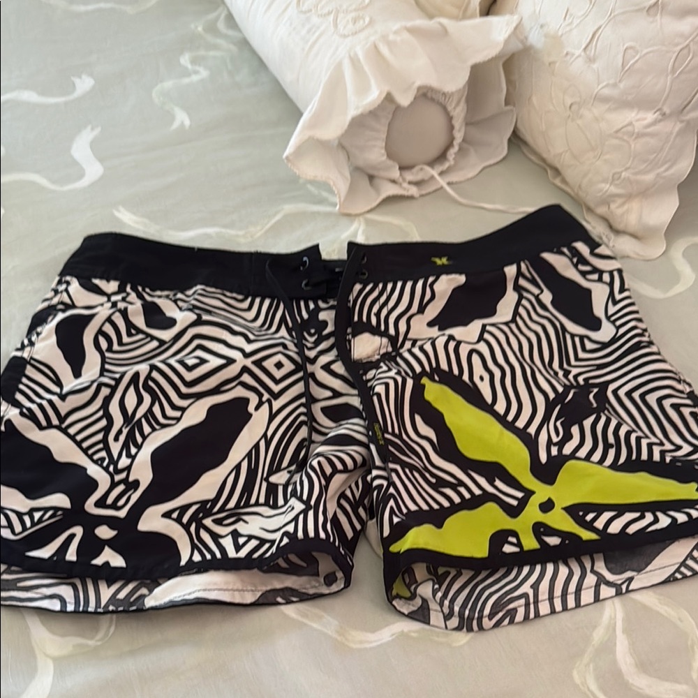 Hurley Black and White Geometric Shorts with Lime Accents